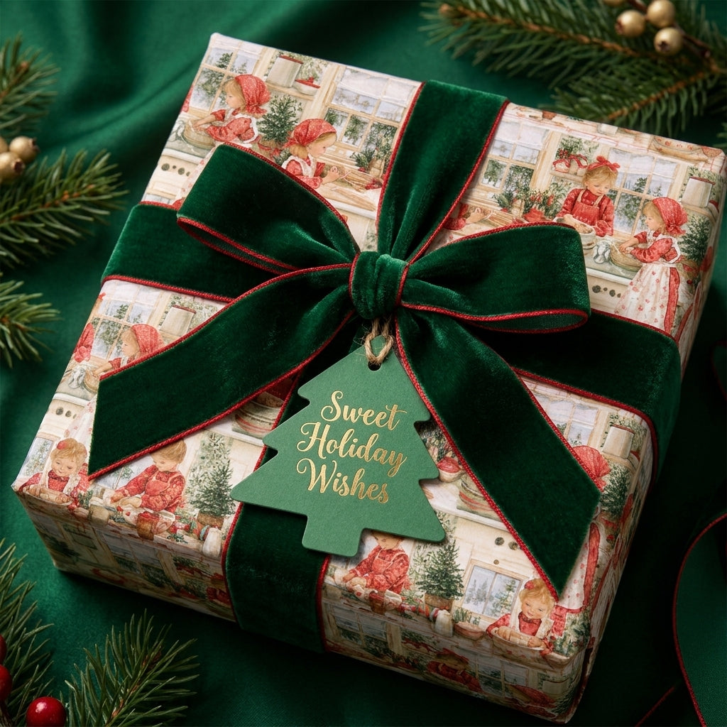 Vintage Christmas wrapping paper with nostalgic holiday scenes and a green velvet ribbon, by Wrapped Studios.