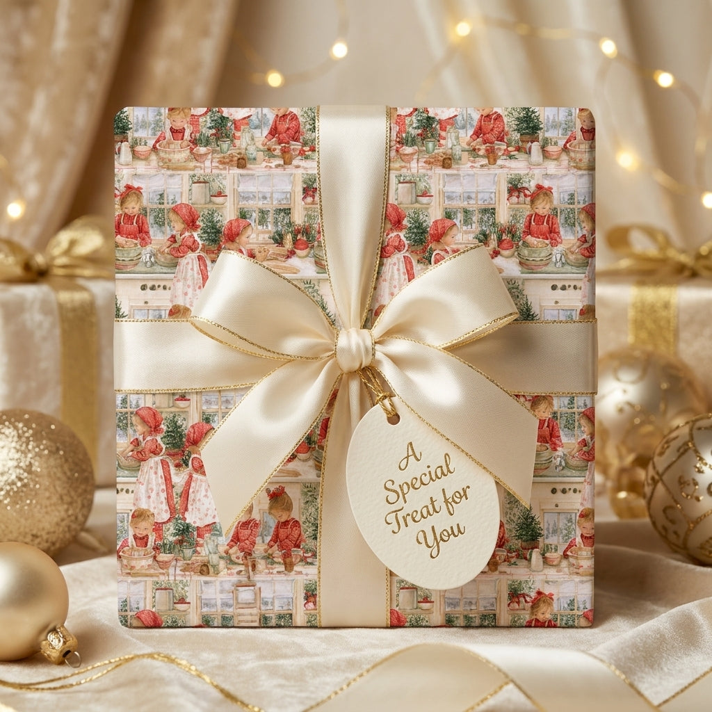 Vintage Christmas wrapping paper featuring baking scenes and a cream satin bow, by Wrapped Studios.