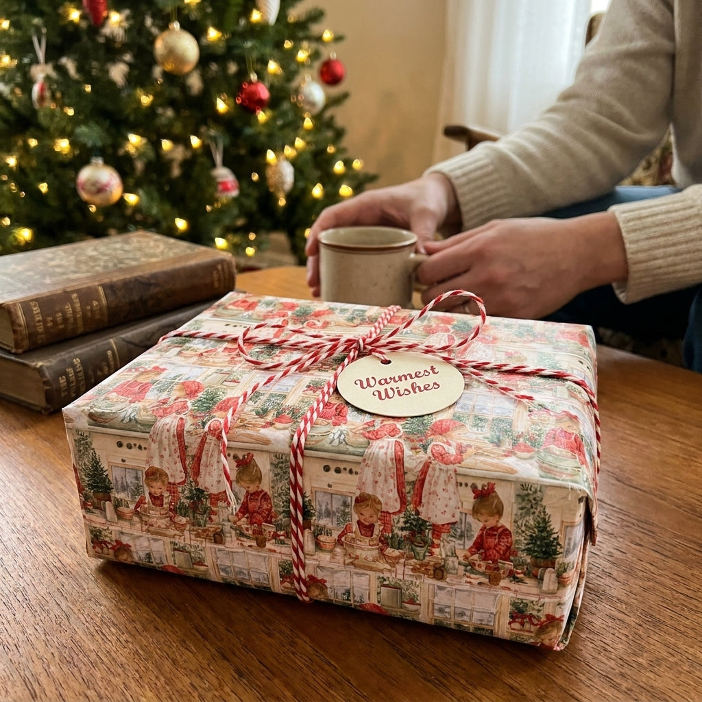 Vintage Christmas wrapping paper by Wrapped Studios featuring a nostalgic baking scene, tied with red twine.