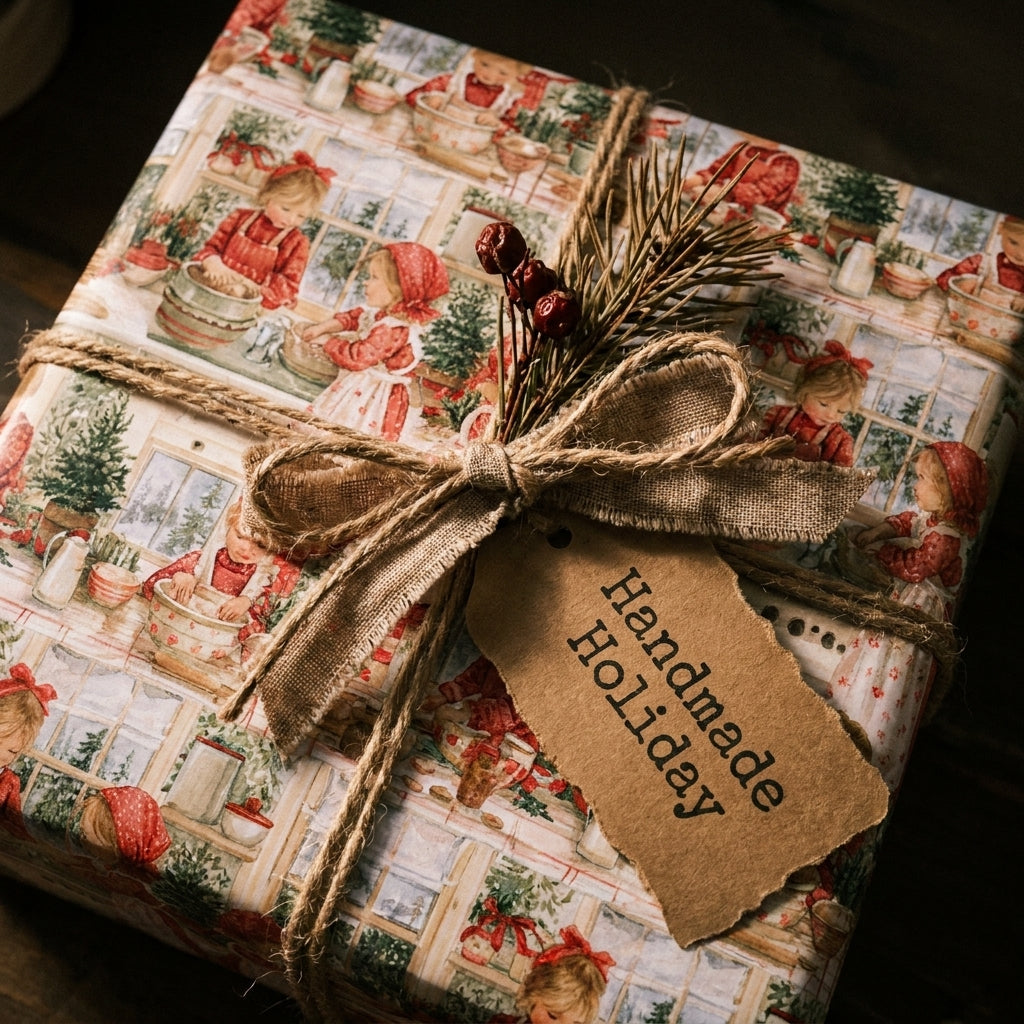 Vintage Christmas wrapping paper with a holiday baking scene and rustic twine bow by Wrapped Studios.