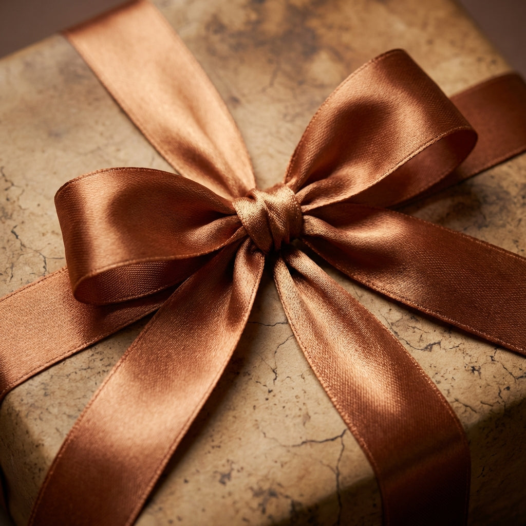 Elegant gift wrapped in vintage-style brown paper and tied with a bronze satin ribbon.