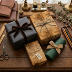 Rustic vintage-style gift wrap with brown velvet, twine, and burlap ribbon accents on wrapped presents.