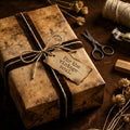 Rustic gift wrapped in vintage style brown paper, adorned with a twine bow, ribbon and "For the vintage soul" gift tag.