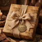 Rustic gift wrap with burlap ribbon and "timeless treasure" tag, perfect for vintage-themed presents.