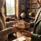 Rustic Kraft wrapping paper with twine bow being exchanged in a cozy, vintage library setting.