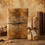 Rustic brown wrapping paper on gifts tied with twine and ribbon on a wood surface.