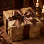 Elegant brown gift wrap with satin bow on a square box, perfect for luxurious presents.