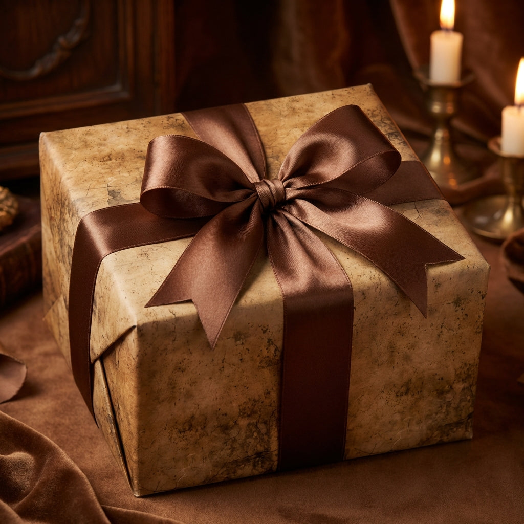 Elegant brown gift wrap with satin bow on a square box, perfect for luxurious presents.