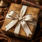 Elegant gift with cream ribbon on textured brown wrapping paper, perfect for luxury gifting.