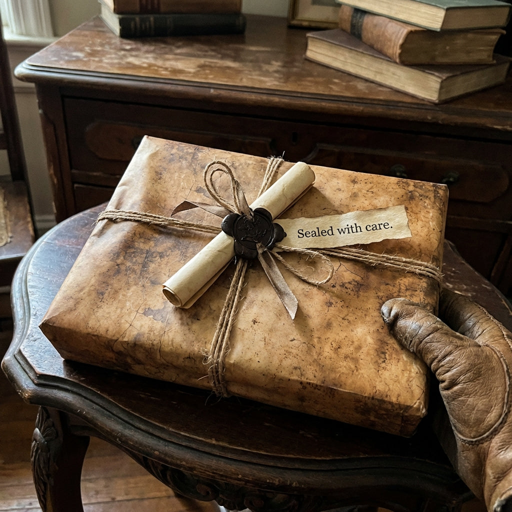 Rustic gift wrap with twine, a ribbon, and a wax seal reading "Sealed with care."