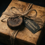 Rustic luxury gift wrap with brown paper, twine bow, and "Handmade & Historic" tag.