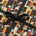 Beer Lover Gift Wrap: A present wrapped in novelty wrapping paper featuring various beer glasses, tied with a black ribbon.