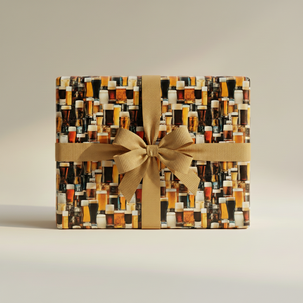 Gift wrapped in a beer themed wrapping paper, with a gold ribbon and bow.