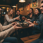 Friends exchanging a gift wrapped in modern geometric wrapping paper with black ribbon at a pub.