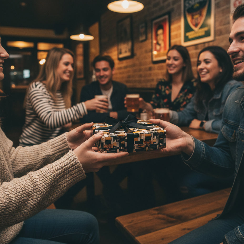 Friends exchanging a gift wrapped in modern geometric wrapping paper with black ribbon at a pub.
