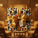 Fun beer-themed wrapping paper with a gold ribbon bow for a birthday or Father's Day gift.