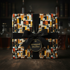 Gift box wrapped in beer themed wrapping paper with black velvet ribbon and bow.