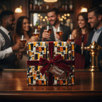Gift wrapped in beer mugs pattern paper with velvet ribbon, "Happy Hour!" tag, bar background with people drinking beer.