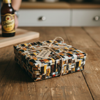 Modern gift wrapped in a unique geometric pattern wrapping paper with a twine bow on a wood table.