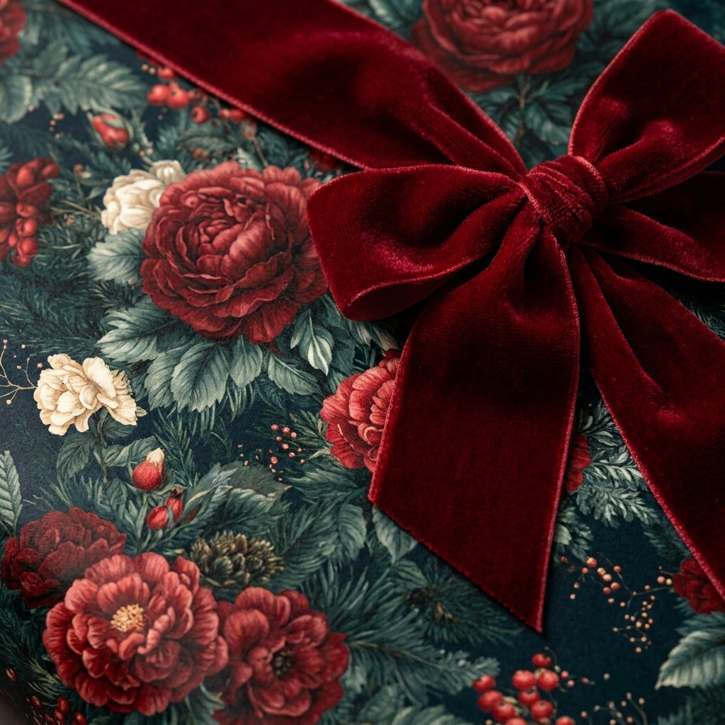 Luxury Christmas gift wrap with vintage red floral pattern and velvet ribbon by Wrapped Studios.