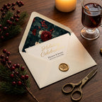 Elegant vintage floral Christmas invitation with matching envelope liner by Wrapped Studios.