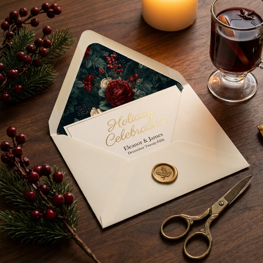 Elegant vintage floral Christmas invitation with matching envelope liner by Wrapped Studios.