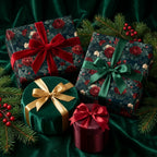 Luxury vintage floral Christmas wrapping paper with elegant velvet ribbons by Wrapped Studios.