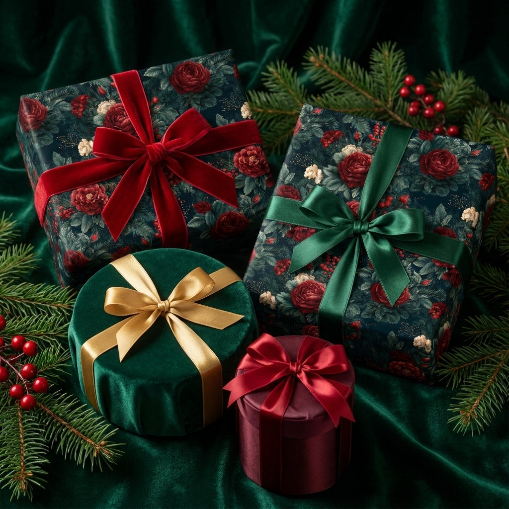 Luxury vintage floral Christmas wrapping paper with elegant velvet ribbons by Wrapped Studios.