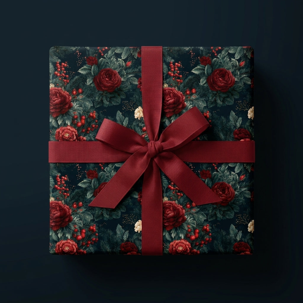 Luxury Christmas wrapping paper with red roses and a burgundy bow on a gift box by Wrapped Studios.