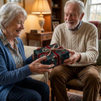 Senior man gifting a box in vintage floral wrapping paper with velvet ribbon by Wrapped Studios.