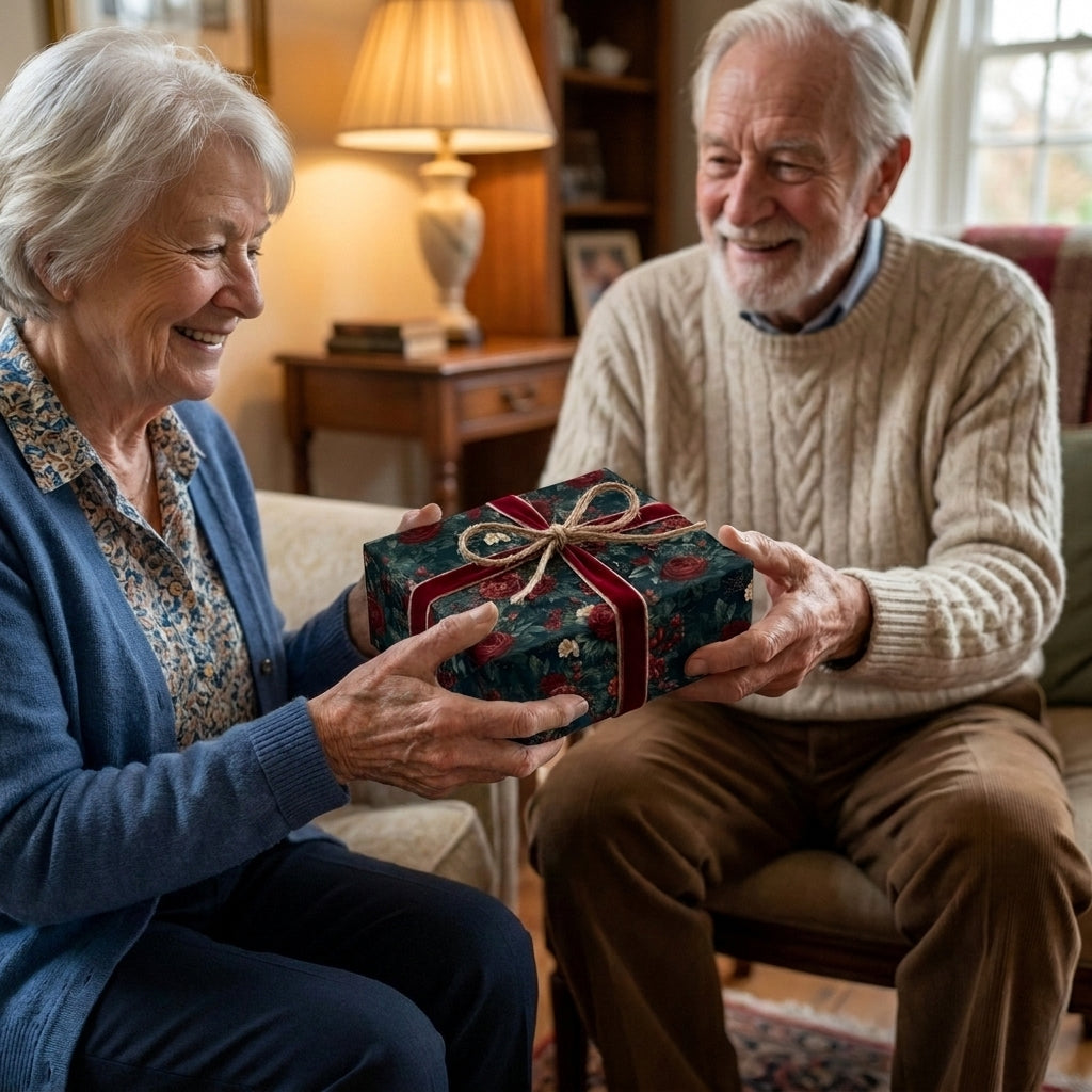 Senior man gifting a box in vintage floral wrapping paper with velvet ribbon by Wrapped Studios.