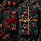 Luxury dark floral wrapping paper with red roses and gold bow on holiday gifts by Wrapped Studios.