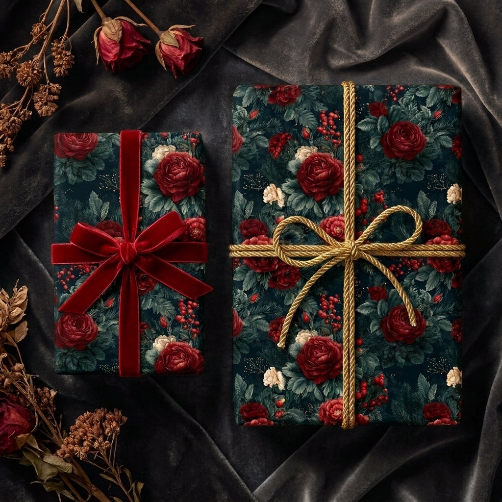 Luxury dark floral wrapping paper with red roses and gold bow on holiday gifts by Wrapped Studios.