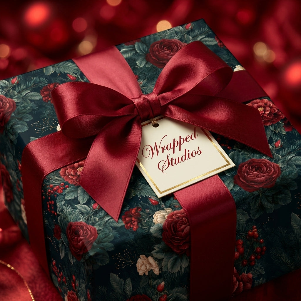 Luxury Christmas gift wrap with vintage red floral pattern, burgundy satin bow, and Wrapped Studios tag.