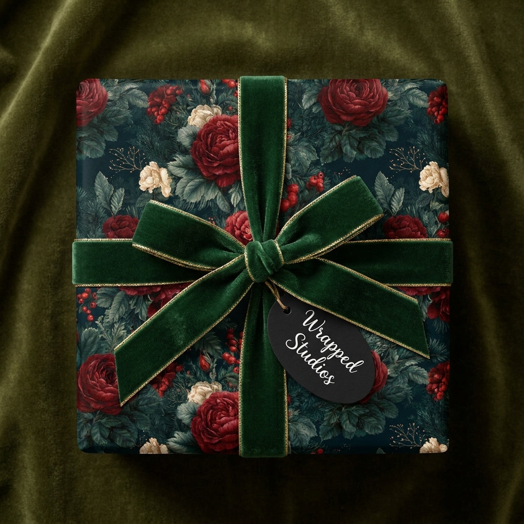 Luxury vintage floral wrapping paper with red roses and a green velvet bow by Wrapped Studios.