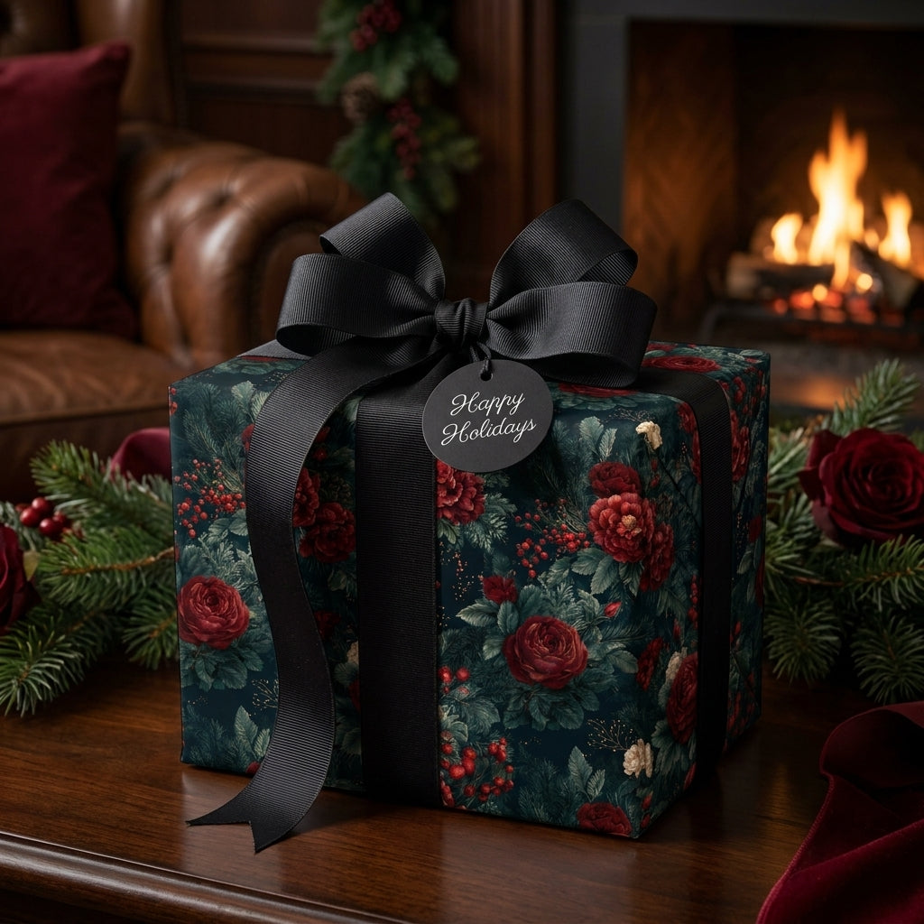 Luxury dark floral Christmas gift wrap with red roses and a black ribbon by Wrapped Studios.