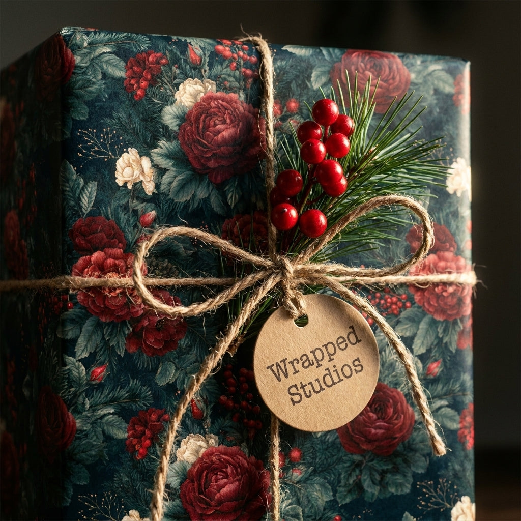 Luxury floral Christmas gift wrap with dark red roses and a Wrapped Studios tag, tied with rustic twine.