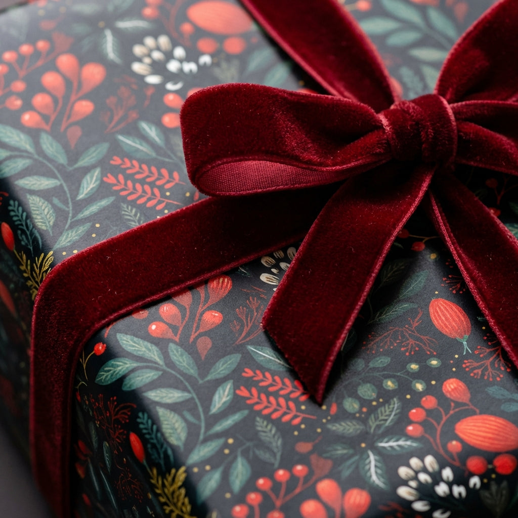Elegant floral gift wrap with a burgundy velvet ribbon. Perfect luxury wrapping paper by Wrapped Studios.