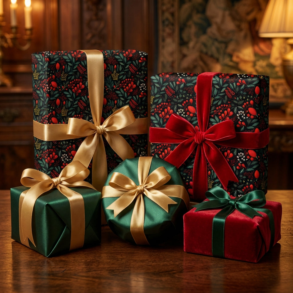 Luxury Christmas gift wrap with botanical floral pattern and velvet ribbons.