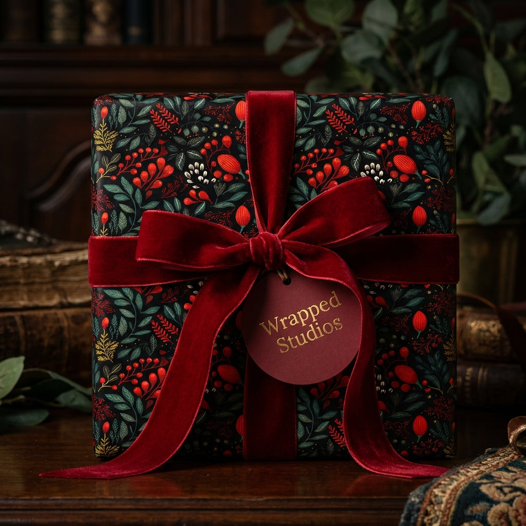 Elegant floral wrapping paper with a velvet red ribbon bow from Wrapped Studios.