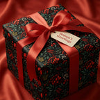 Floral Christmas gift wrap with red satin ribbon and "Season's Greetings" tag.