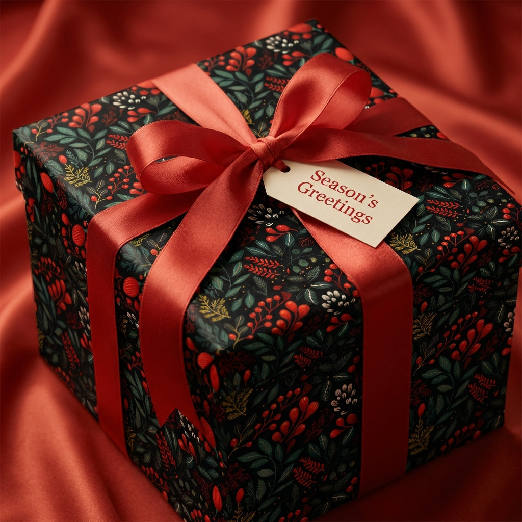 Floral Christmas gift wrap with red satin ribbon and "Season's Greetings" tag.