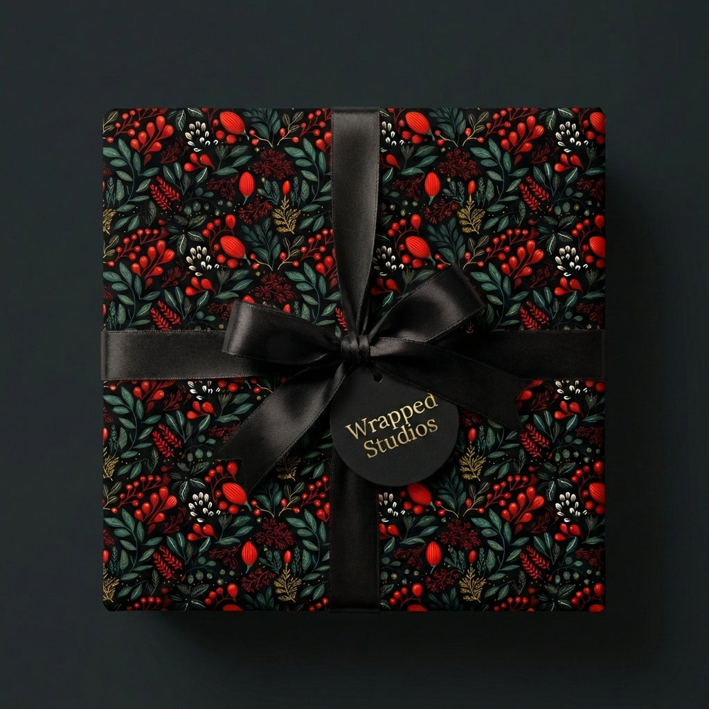 Wrapped Studios luxury gift wrapped in a dark floral Christmas wrapping paper with a black satin bow.