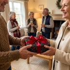 Exchanging a Wrapped Studios gift wrapped in floral Christmas wrapping paper with a red ribbon.