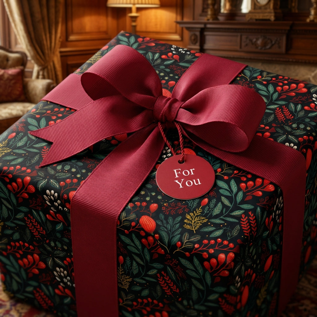 Elegant gift wrapped in black floral wrapping paper with a burgundy ribbon and "For You" tag.