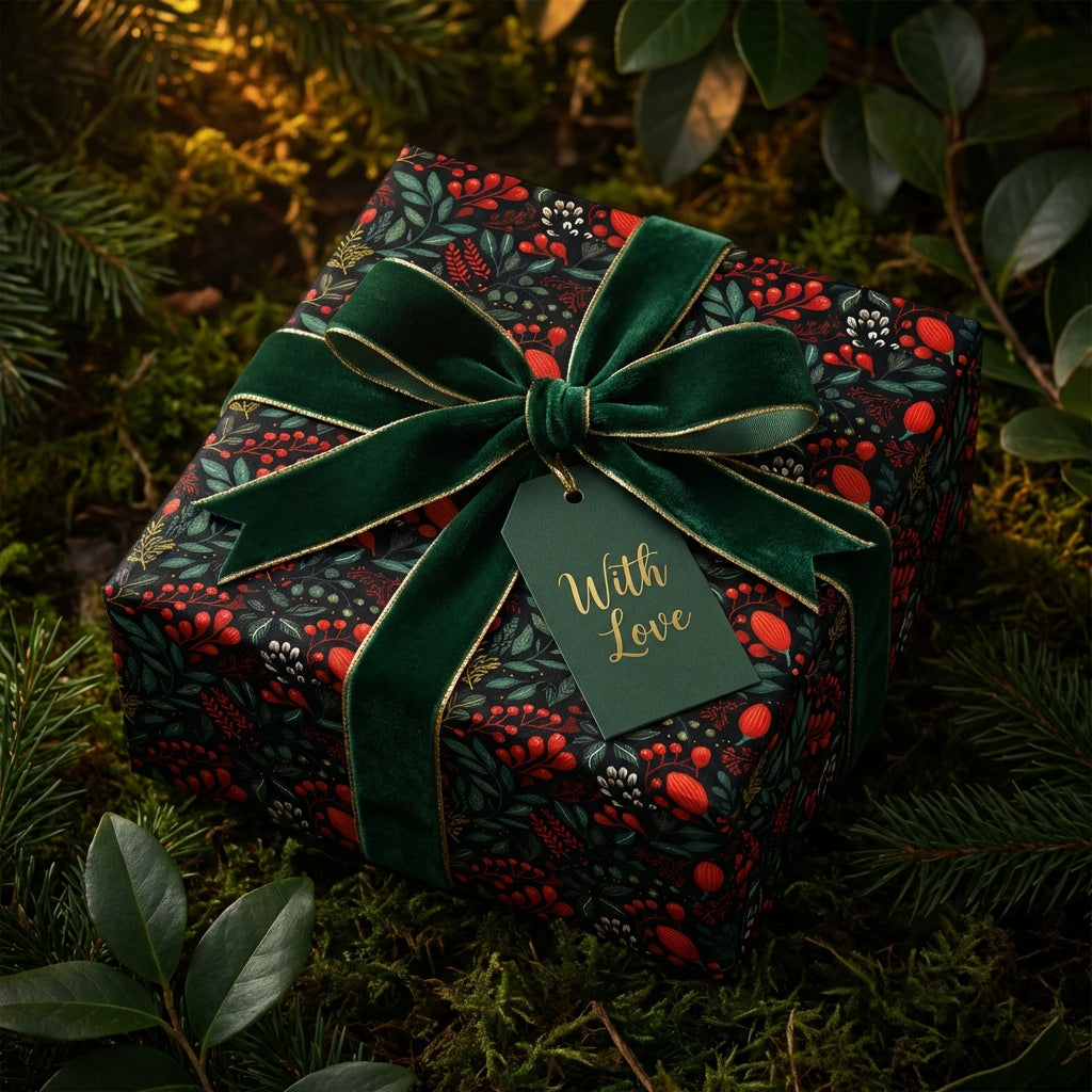 Elegant floral Christmas wrapping paper with dark green velvet ribbon and "With Love" tag.