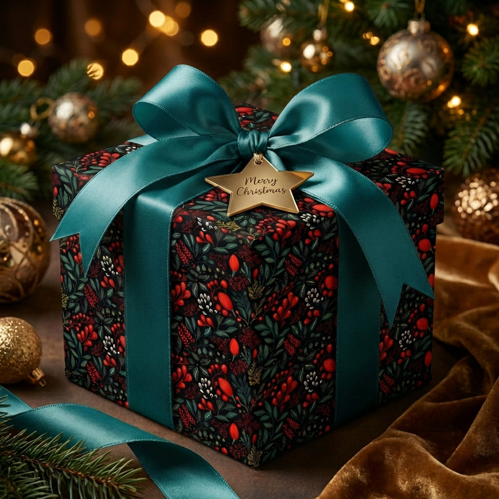 Elegant Christmas gift wrap with dark floral pattern and teal ribbon, perfect for holiday gift-giving.