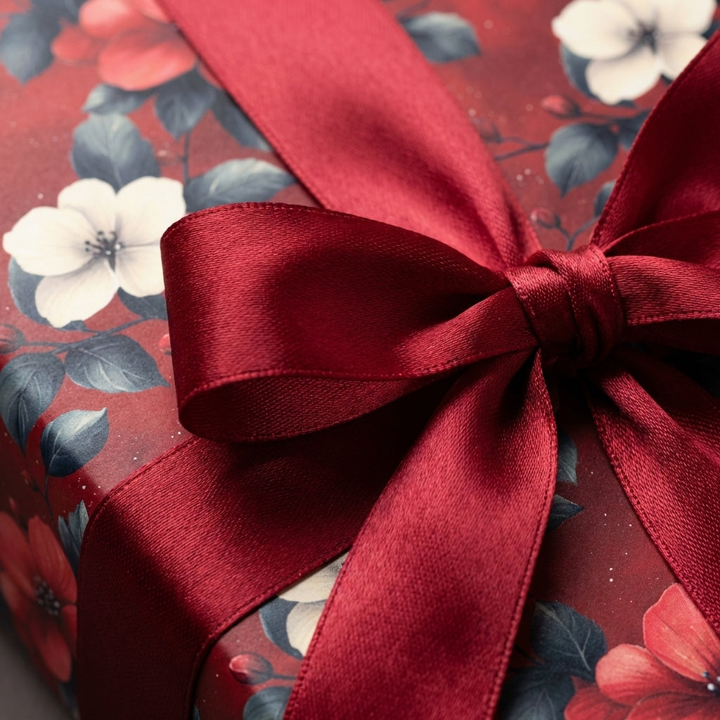 Elegant floral wrapping paper with a red satin ribbon, ideal for Christmas gifts.