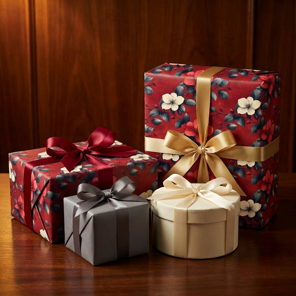 Elegant gifts wrapped in floral wrapping paper with satin ribbons.