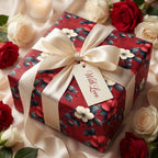 Elegant floral wrapping paper on a gift box with satin ribbon and a With Love tag.